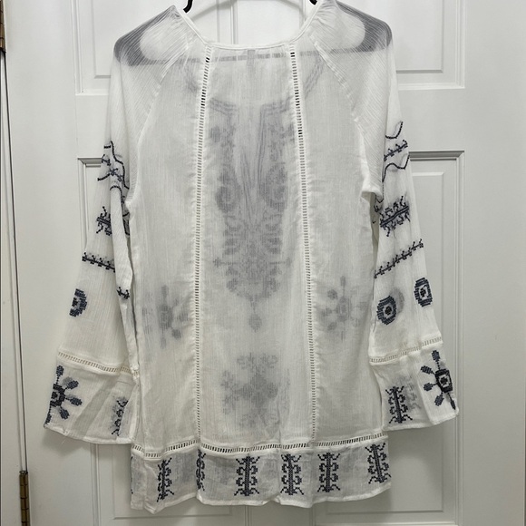 Monoreno Cotton Bohemian White Gauzy Blouse with Navy Embroidery - Size Small - Picture 7 of 14